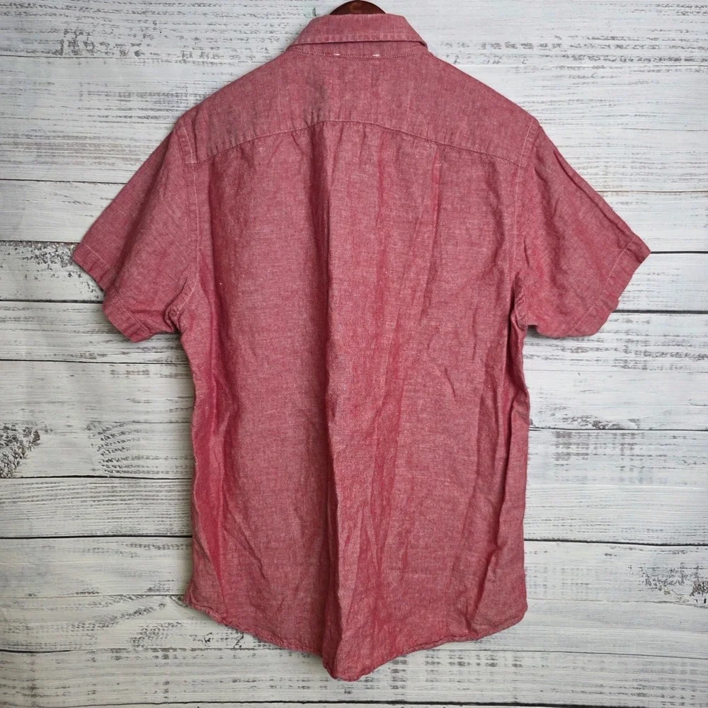 Banana Republic Shirt Mens Large Red Linen Blend Slim Fit Short Sleeve Button Up